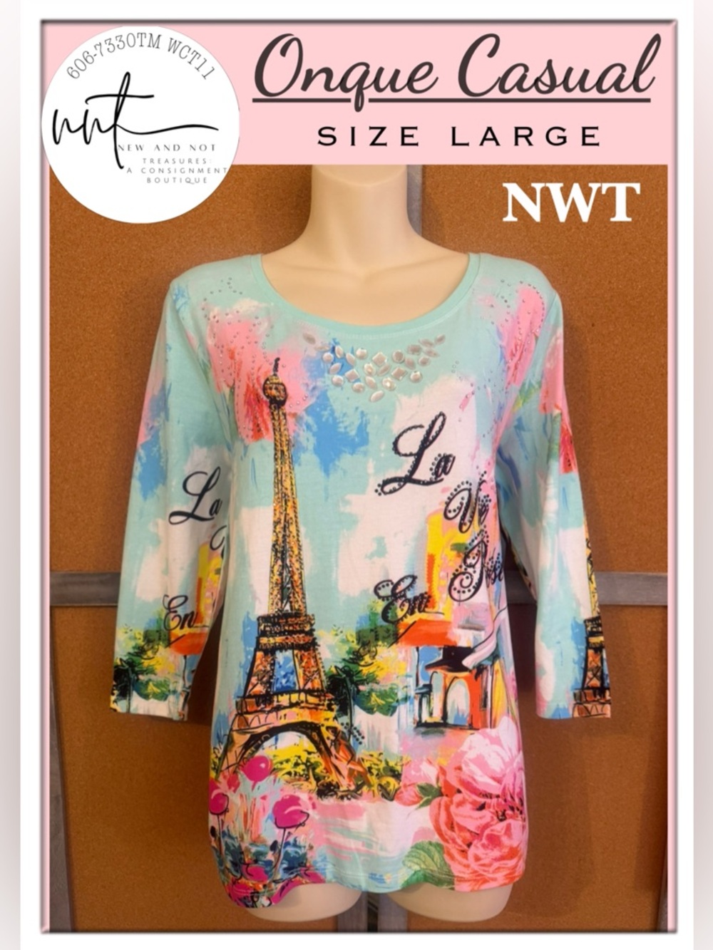 Onque Casual Paris Eiffel Tower Rhinestone Top L NWT 3/4 Sleeve Stretch Tee Aqua